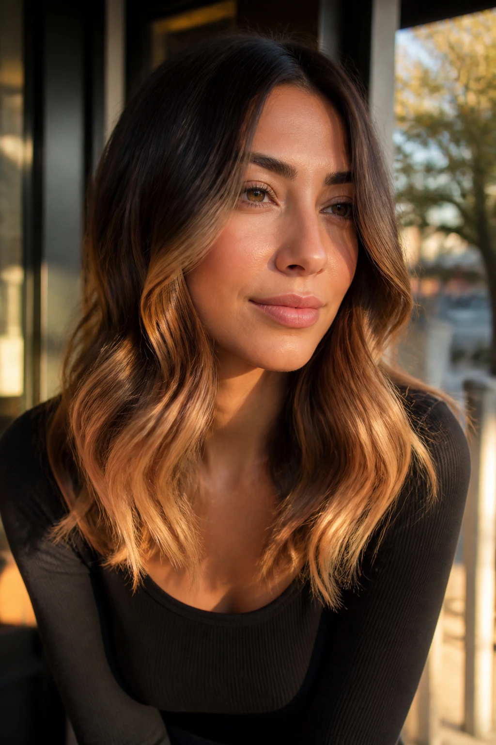 Portrait of a woman with toffee balayage waves and bright ends