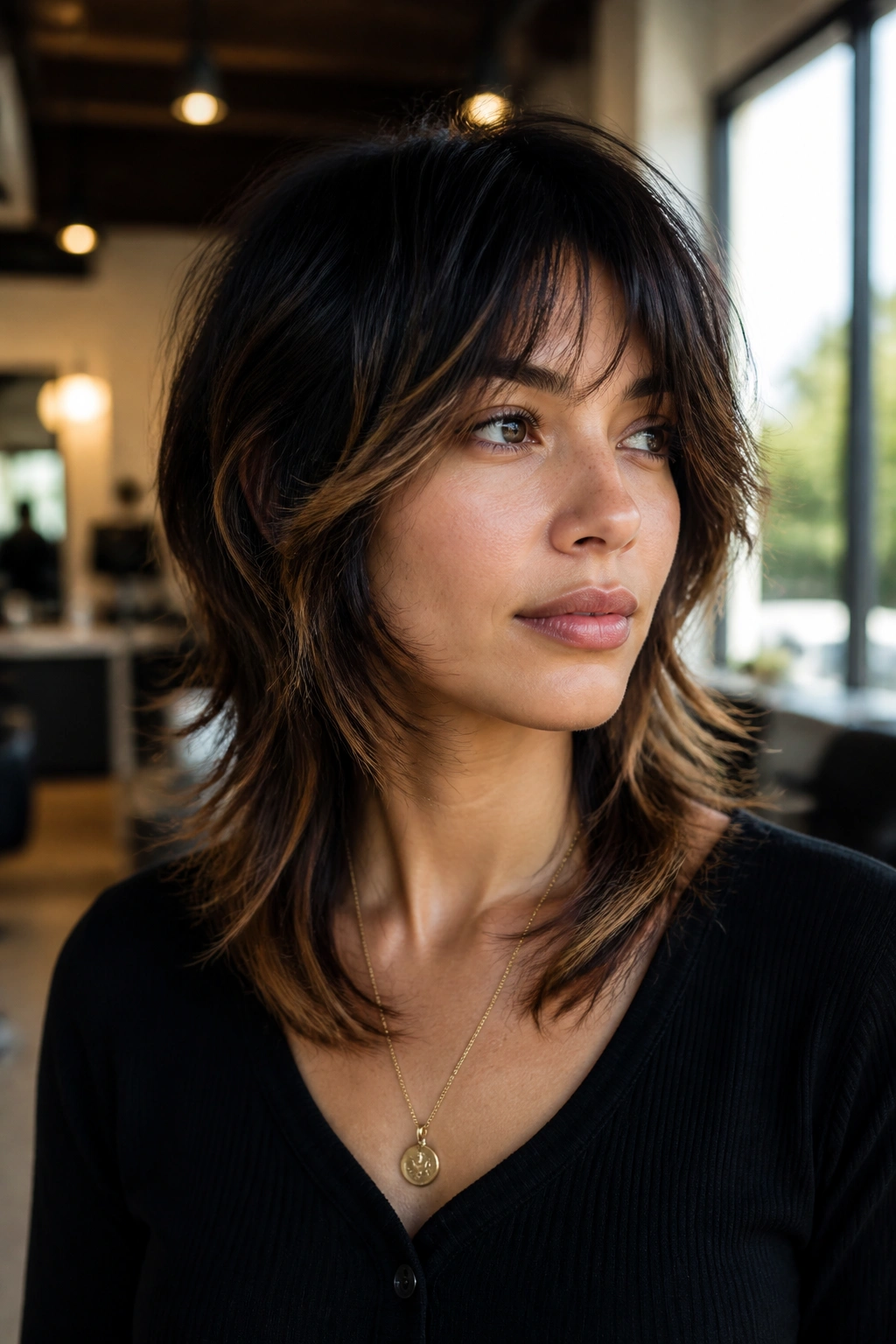 Close-up of a real woman with a wolf cut featuring toffee balayage on black base