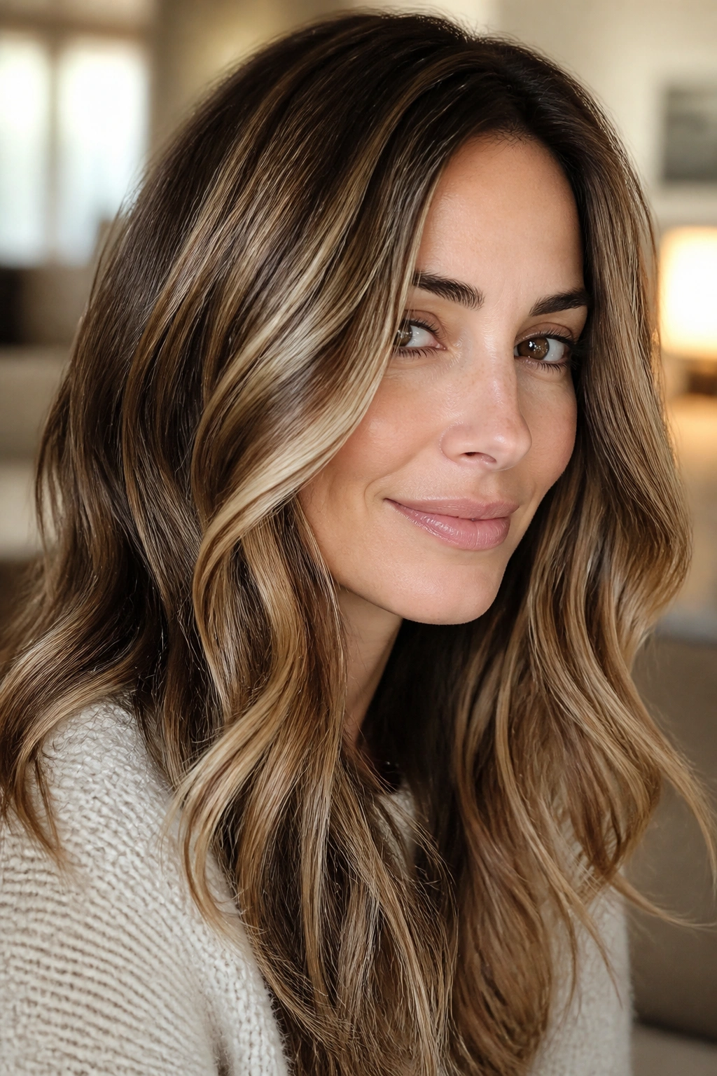 Close-up of hair with toffee-brown and blond ribbon highlights