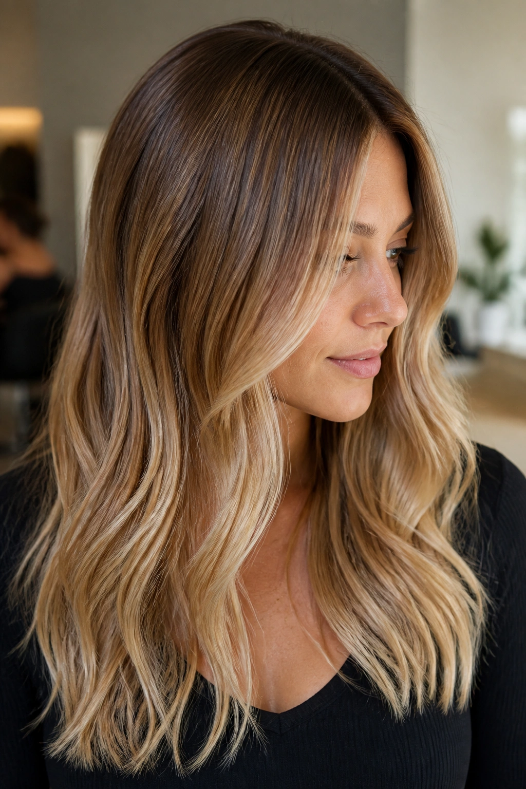 Close-up of a woman with toffee-to-blonde balayage melt on hair