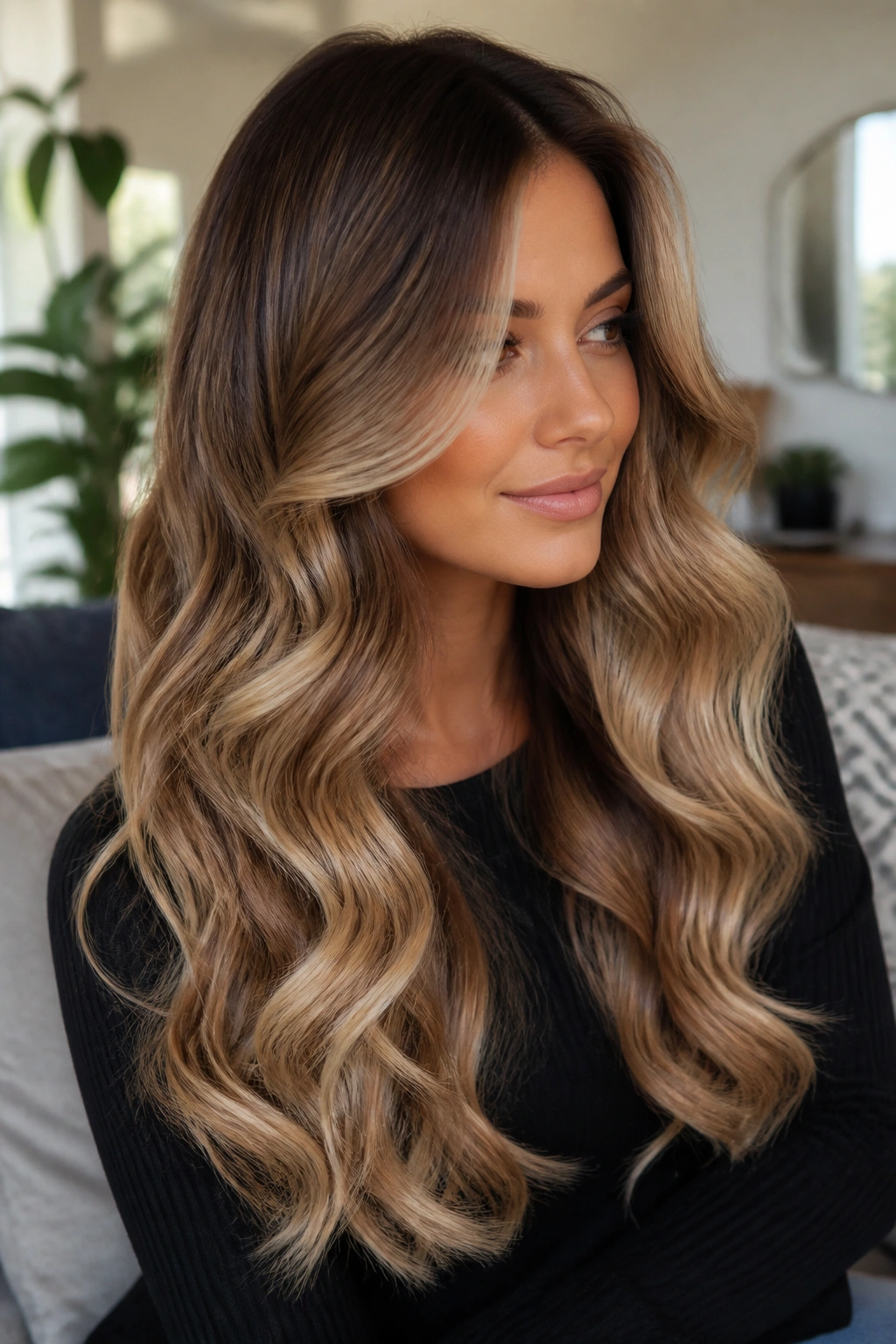 Medium close-up of a real woman with toffee blonde ombre and big barrel waves