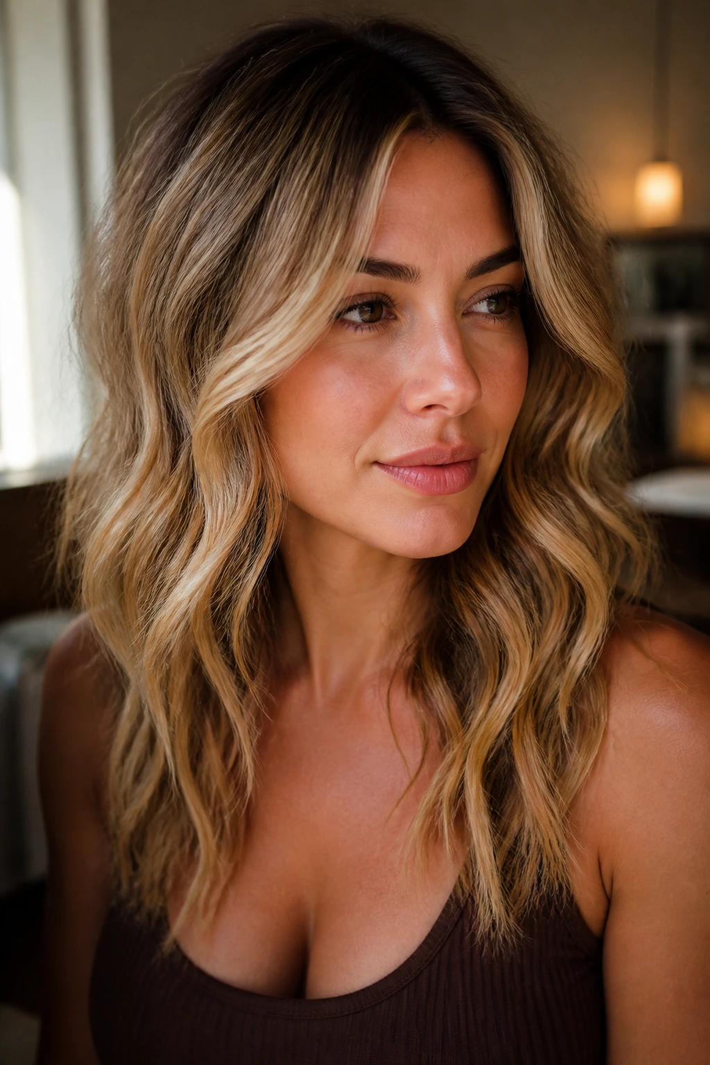 Portrait of a real woman with toffee blonde hair and piecey waves
