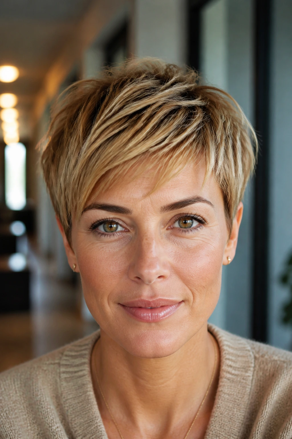 Close-up of a real woman with toffee blonde pixie featuring piecey texture