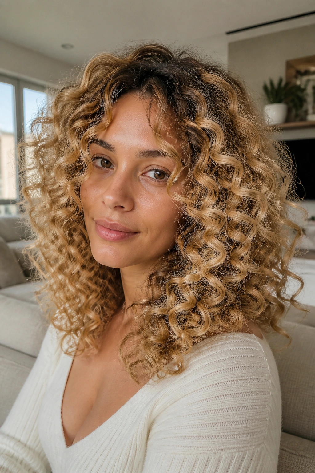Close-up portrait of a real woman with toffee blonde hair and shadowed roots on curls