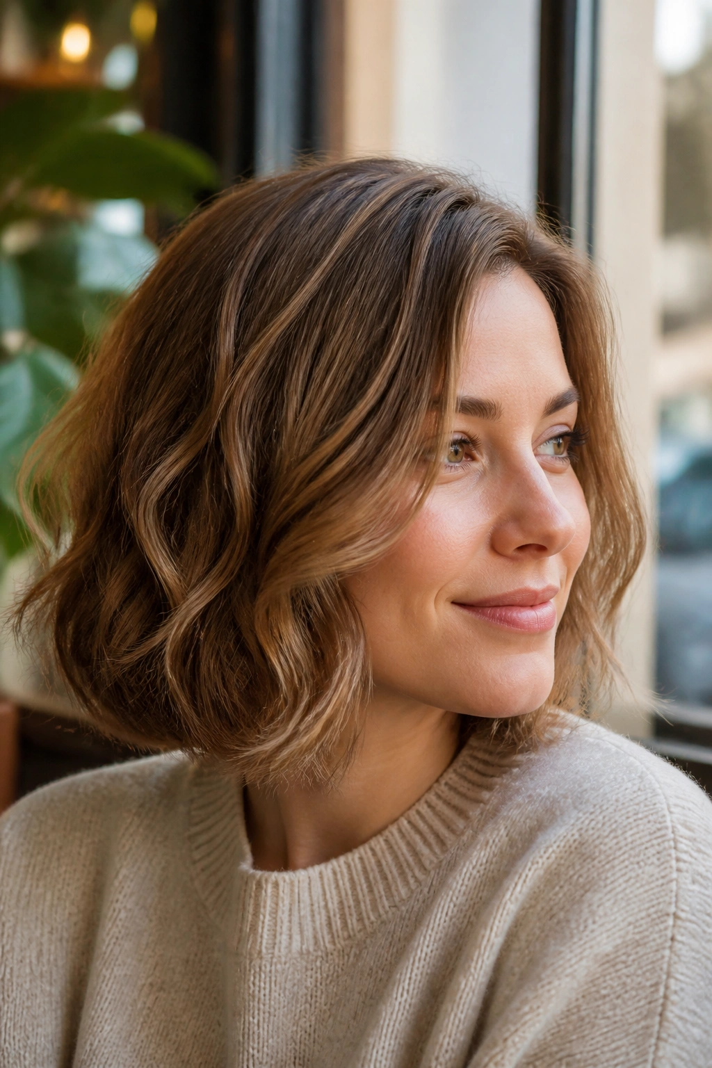 Real woman with wavy toffee bob and invisible layers.