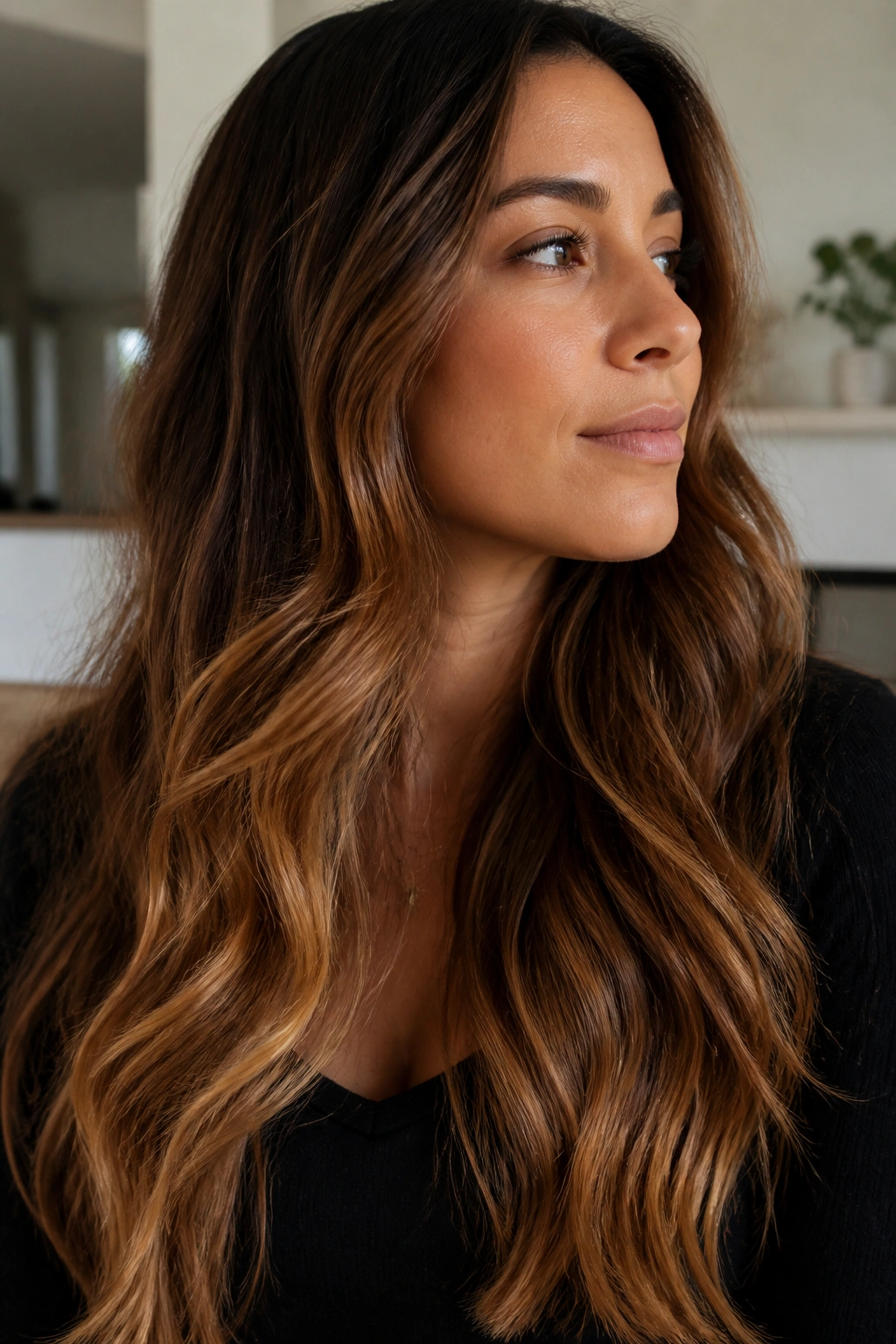 Close-up of a real woman's long hair with toffee brown balayage