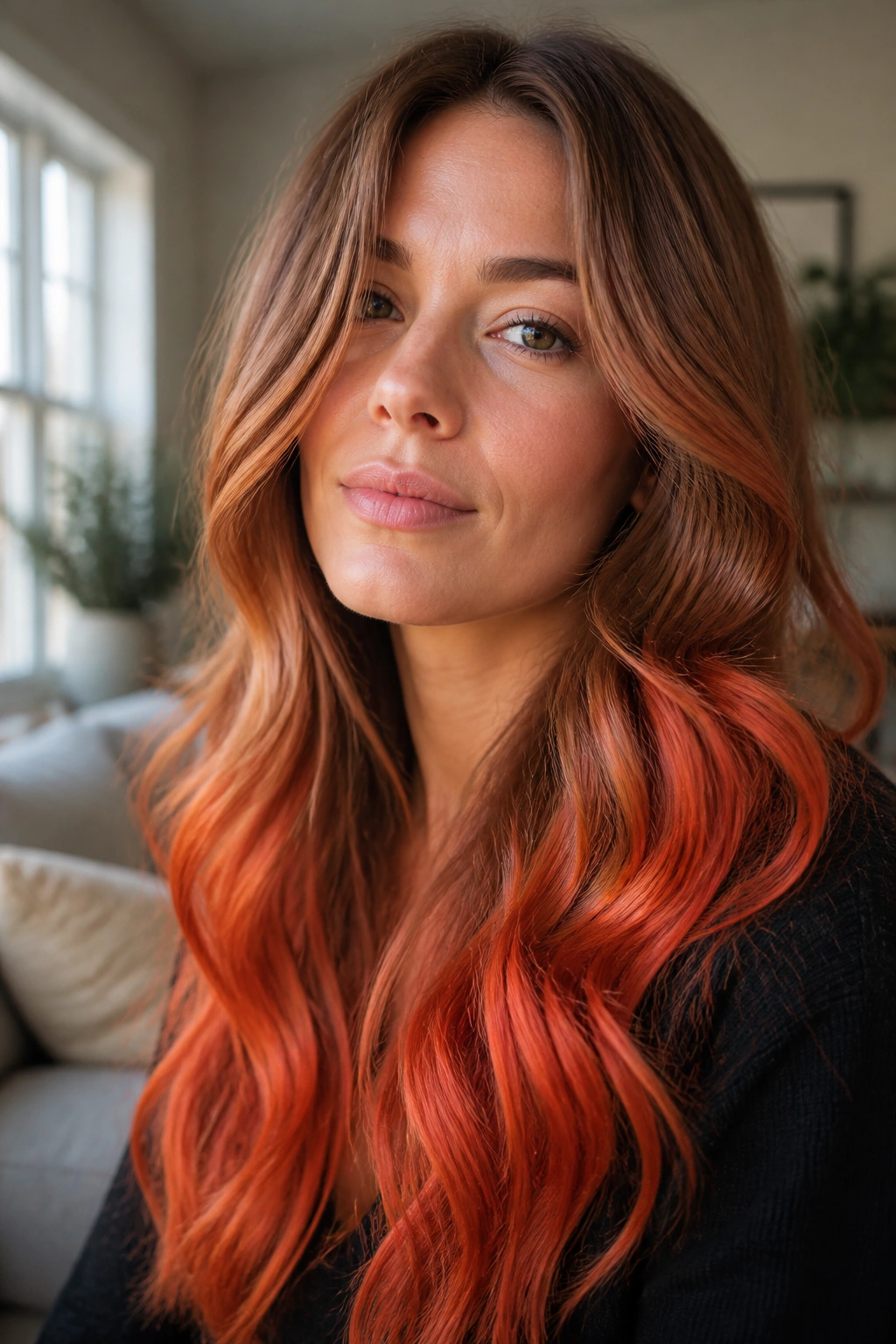 Close-up of long hair with toffee brown roots and blood orange ends