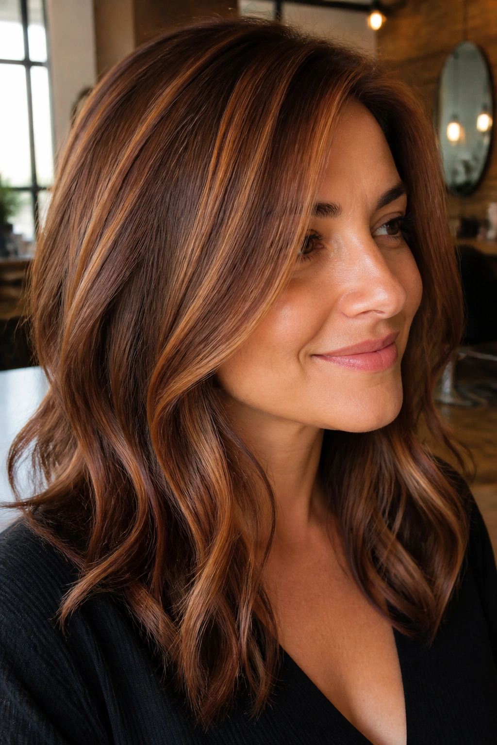 Close-up of a real woman with toffee brown hair and copper streaks around the part line.