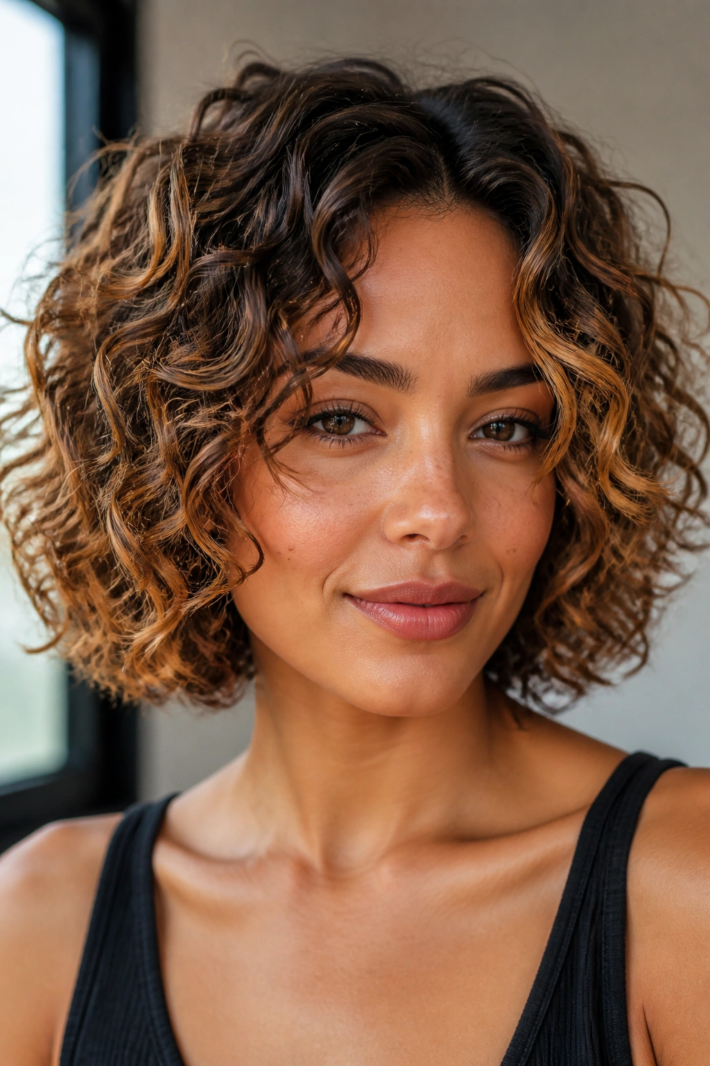 Close-up of a real woman with a toffee brown curly bob.