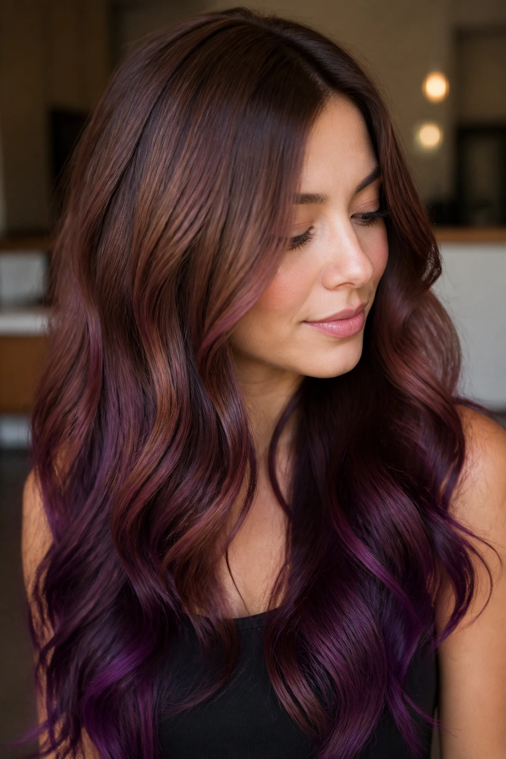 Close-up of a real woman showing a gradient from toffee brown to deep grape at the ends.