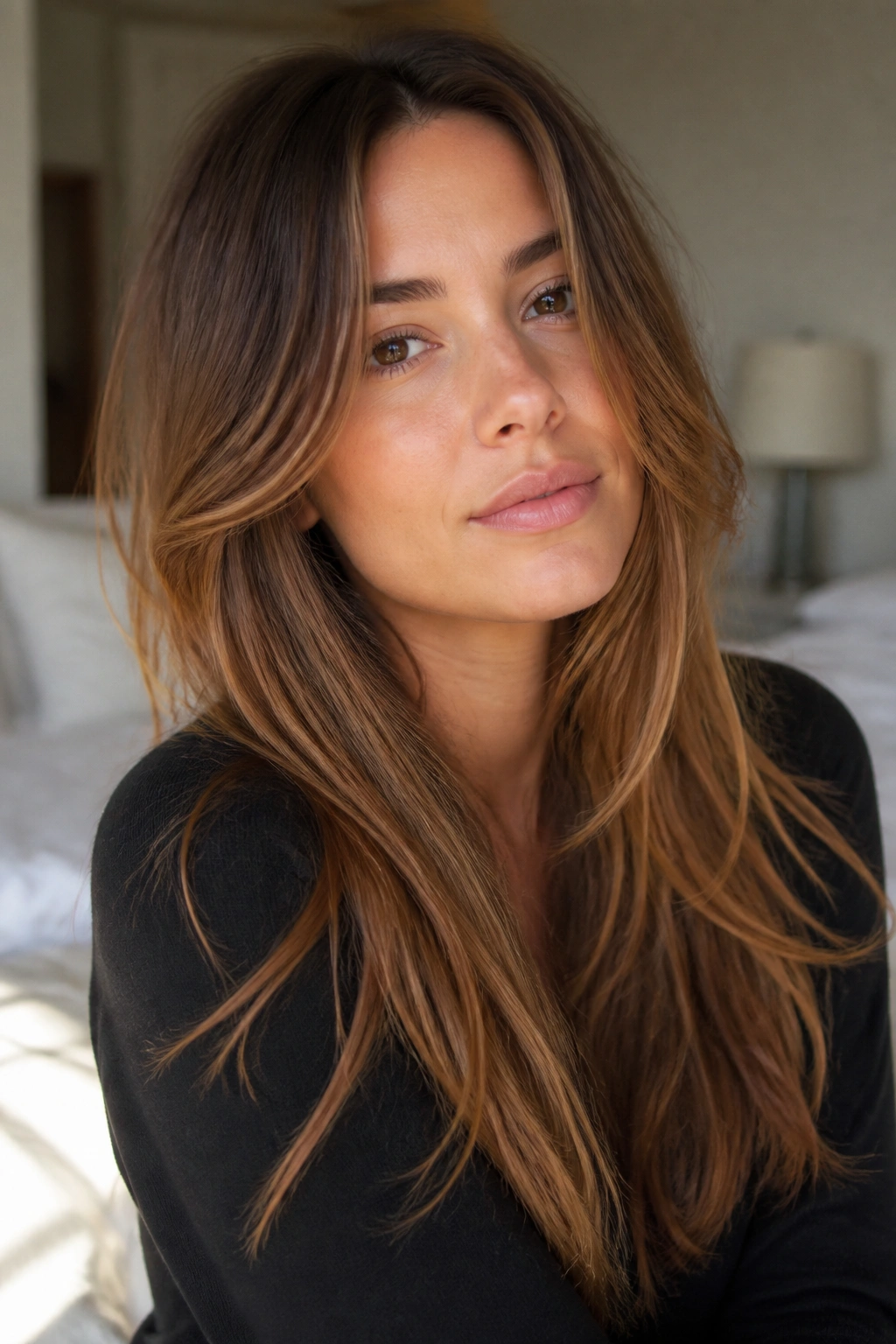 Close-up of a real woman with toffee brown hair and long soft layers framing the face, warm lighting