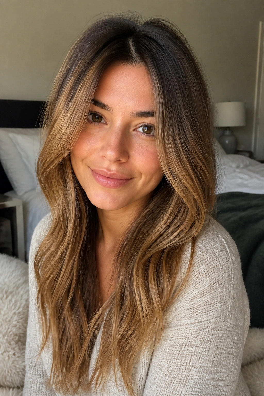 Close-up portrait showing toffee brown hair with lived-in roots