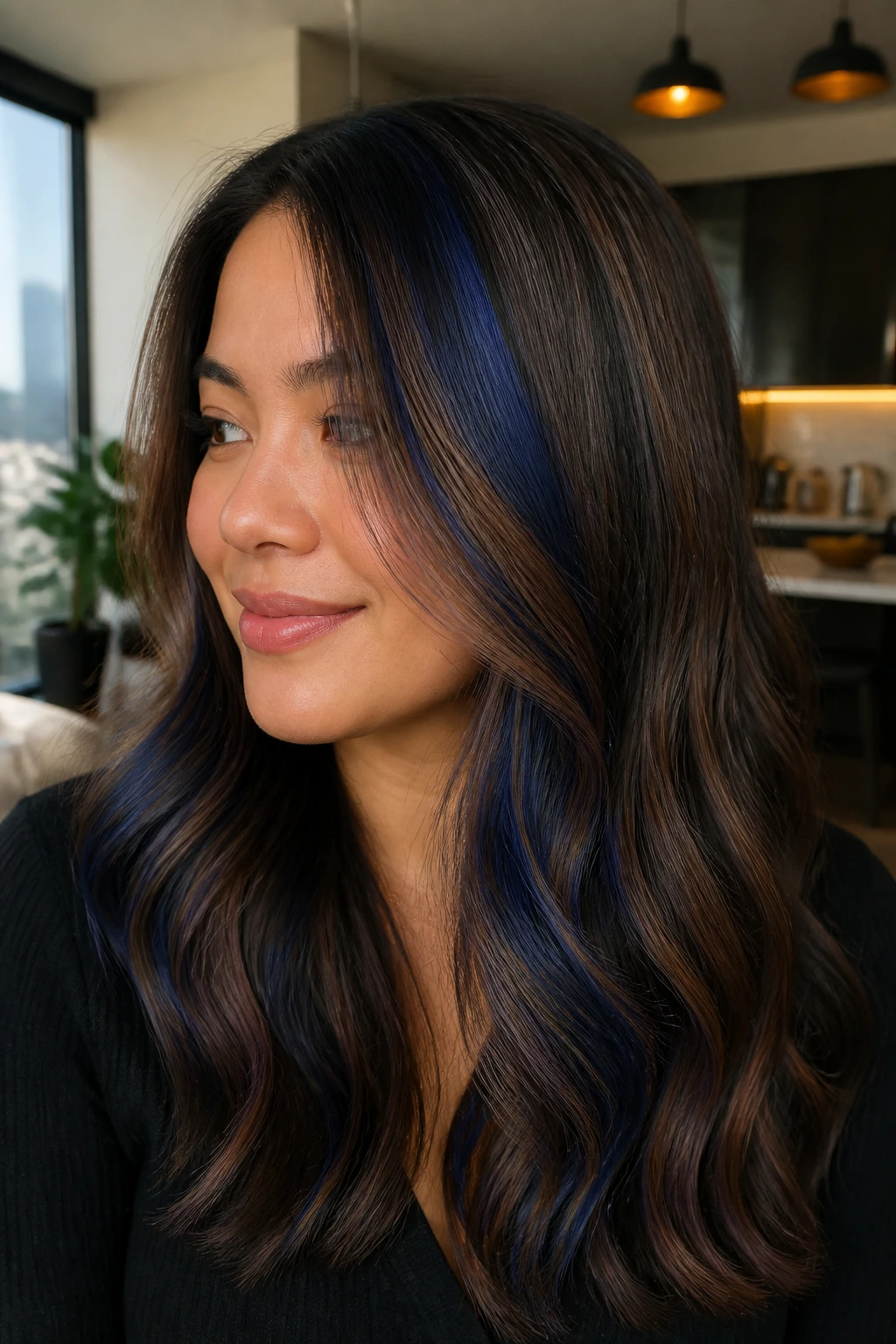 Toffee brown hair with midnight blue ribbon lights