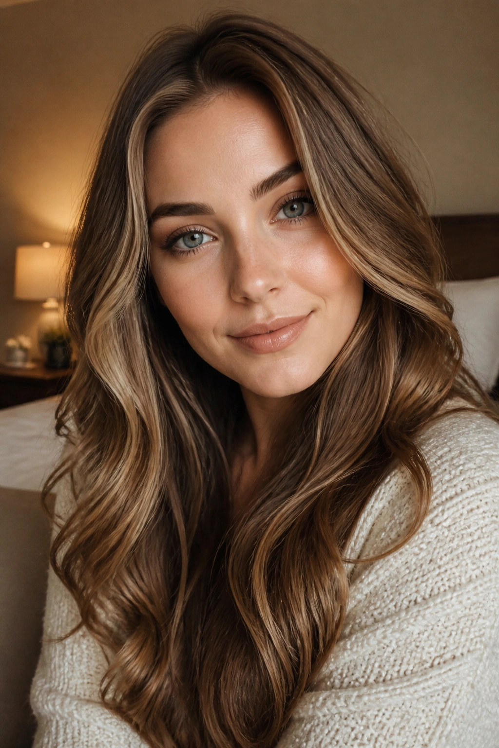 Close-up of a real woman with toffee brown hair in a cozy bedroom