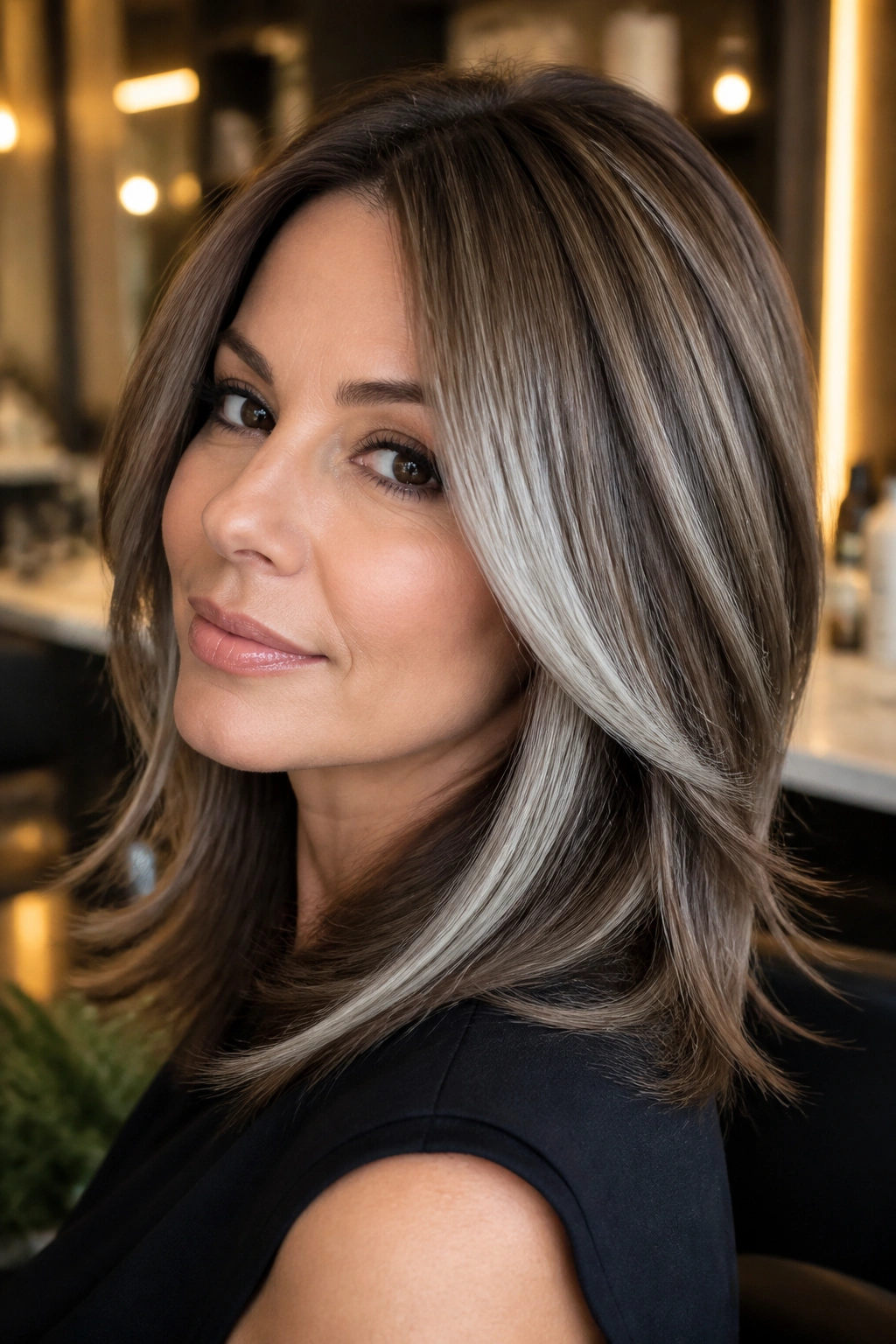 Close-up of a real woman with toffee brown hair and chunky silver panels below the cheekbone.