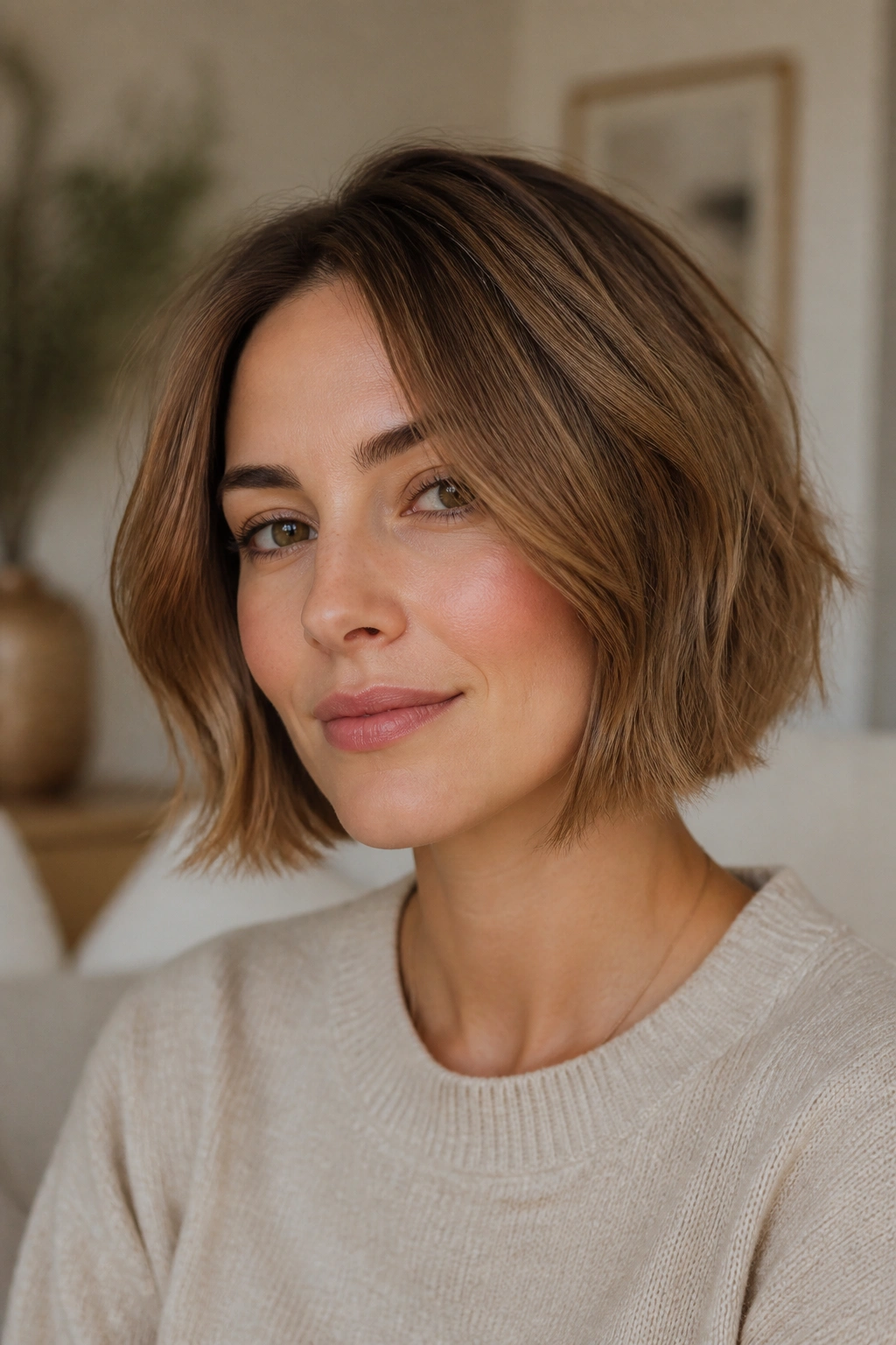 Real woman with a toffee brown textured bob and controlled end texture.