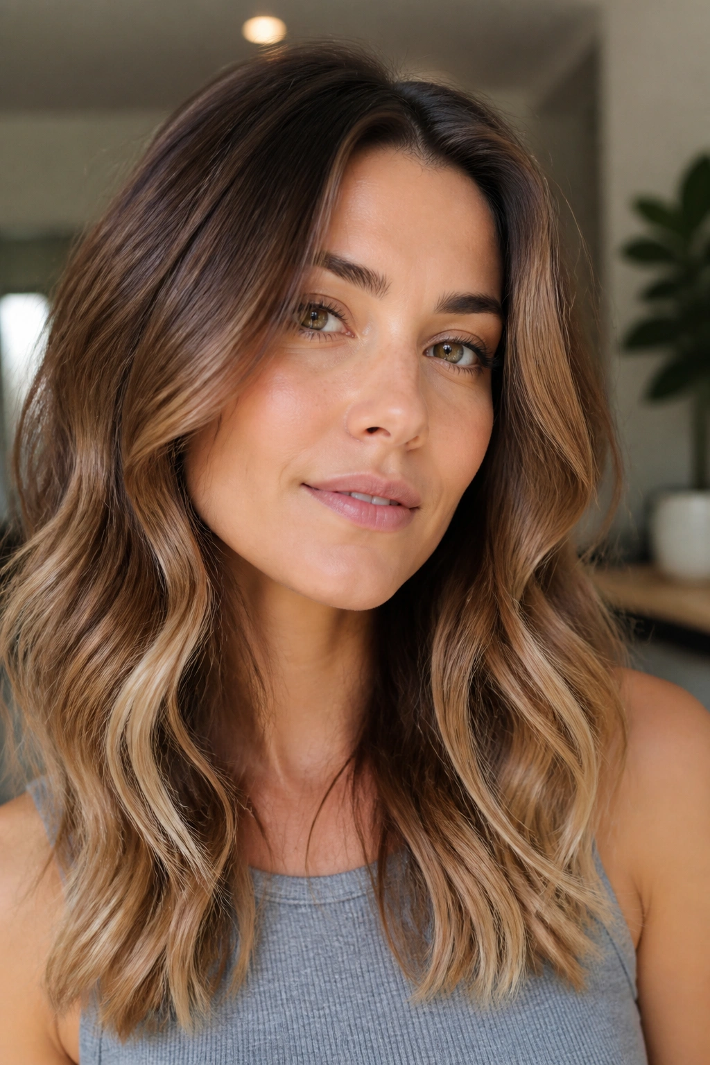 Close-up of a real person with toffee brown hair and vanilla tipping on the ends
