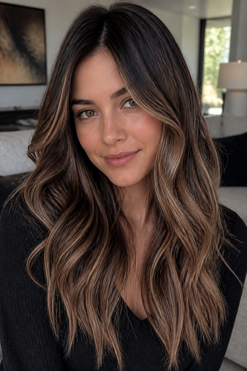 Dark brunette hair with cool-toffee melt.