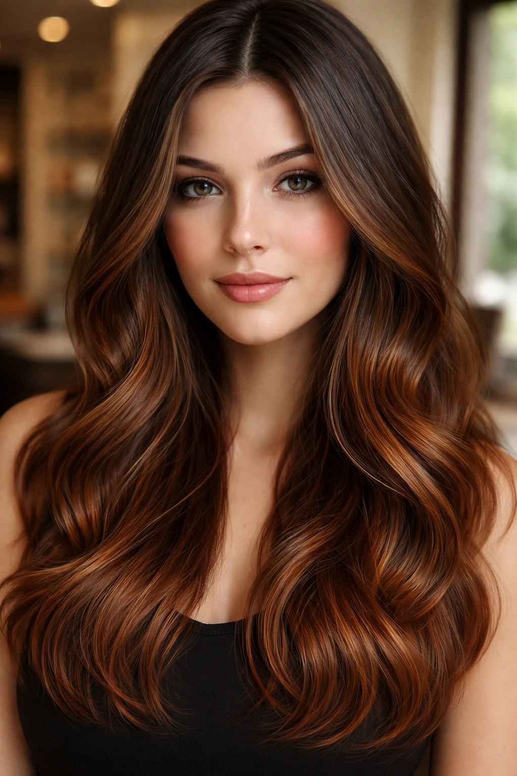 Close-up portrait of a real person with Cinnamon Toffee Blend hair color featuring dark ash brown roots, muted toffee mid-length, cinnamon ends.