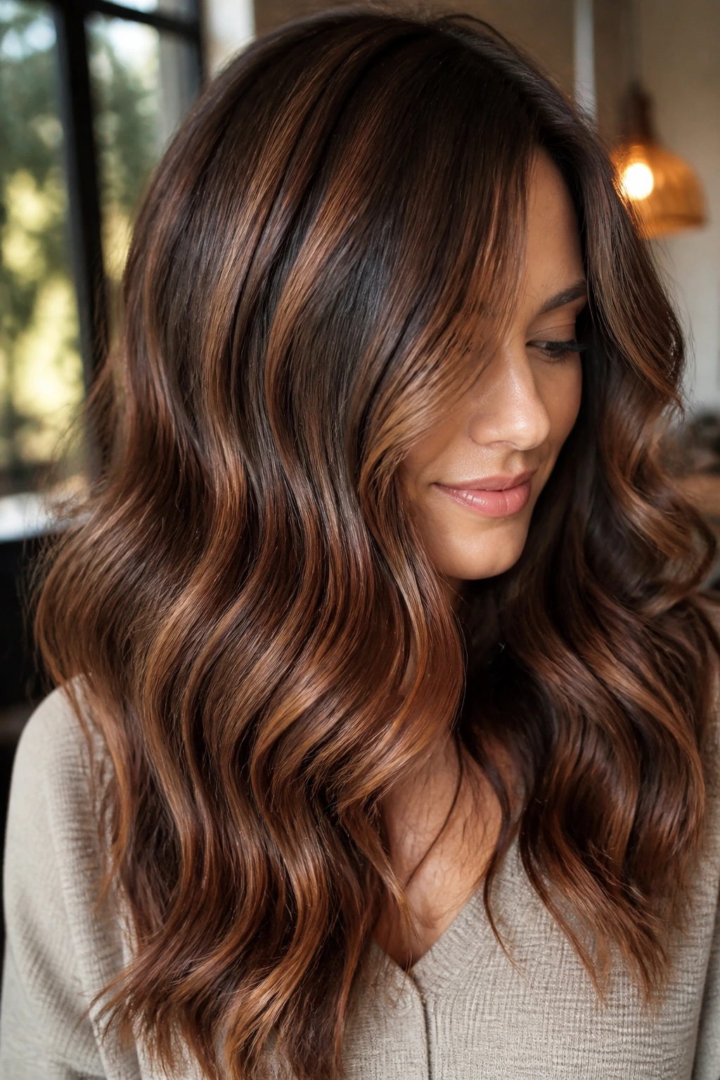 Close-up of a real woman with wavy brown hair showing toffee copper balayage in natural light