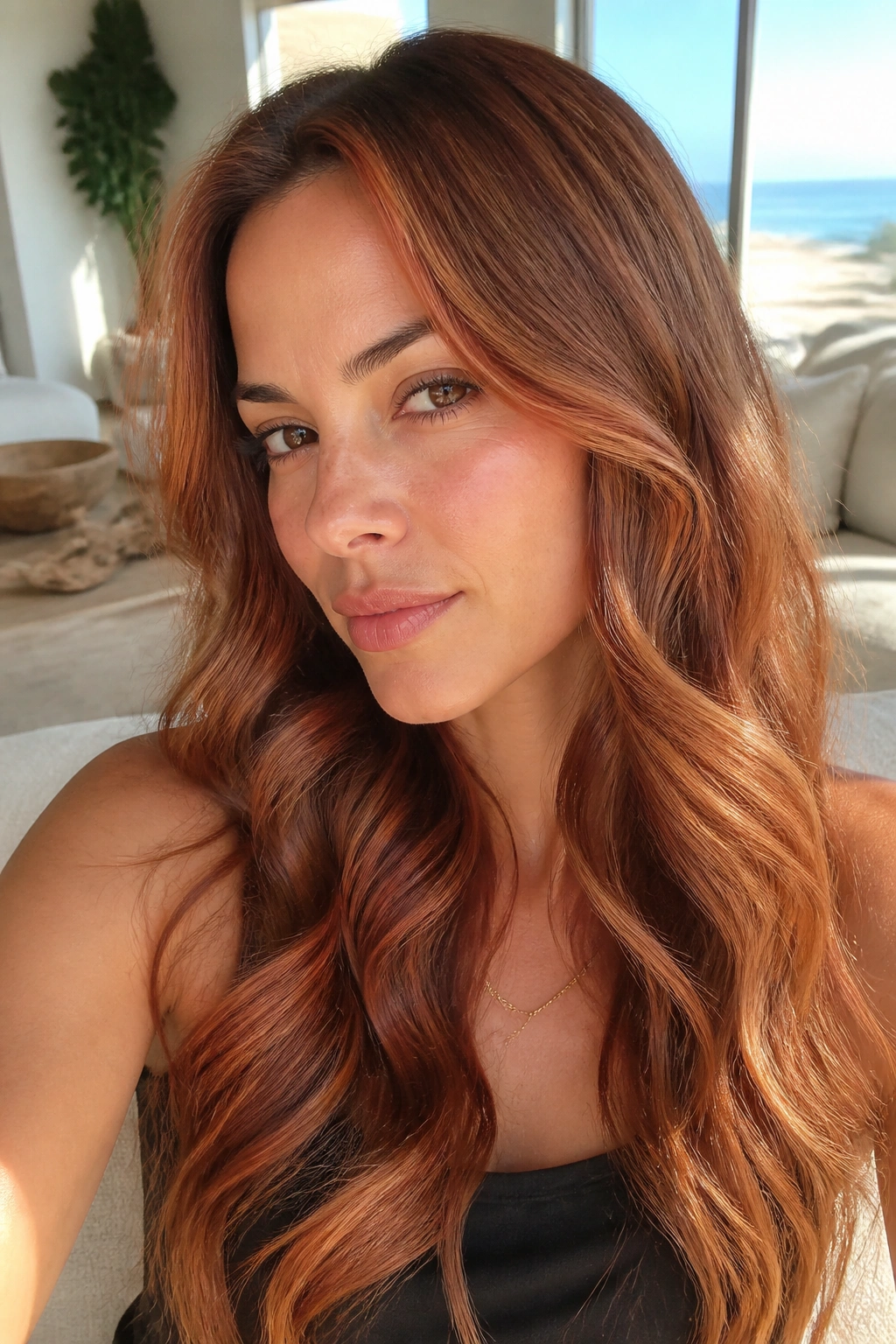 Close-up of a real person with wavy hair showing toffee and copper blend