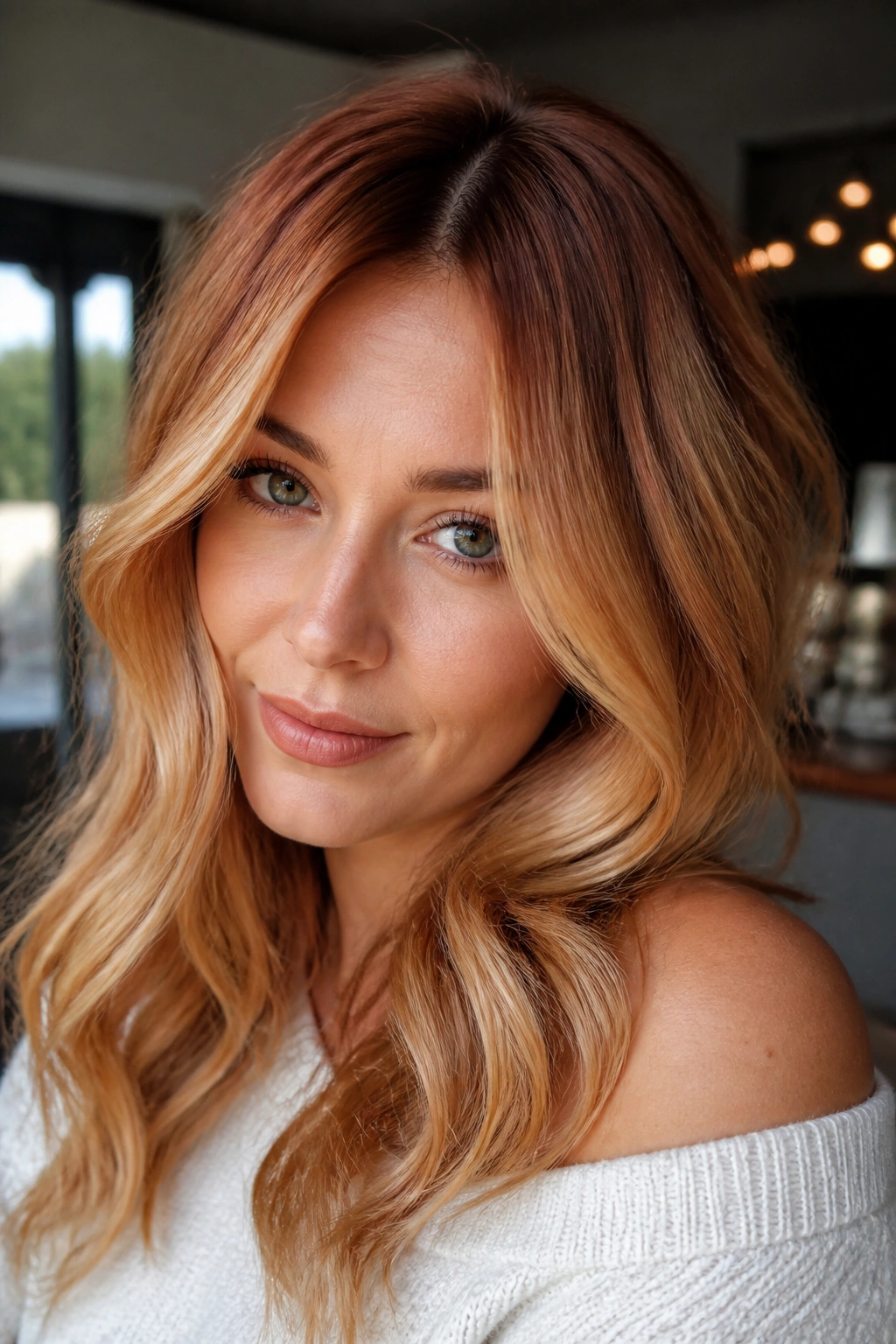 Close-up portrait of a real woman with toffee copper on blonde and dark roots, warm glow.
