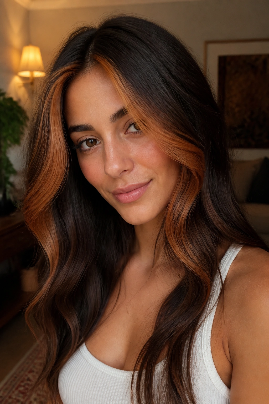 Close-up of a real woman with a toffee copper money piece on dark brown hair