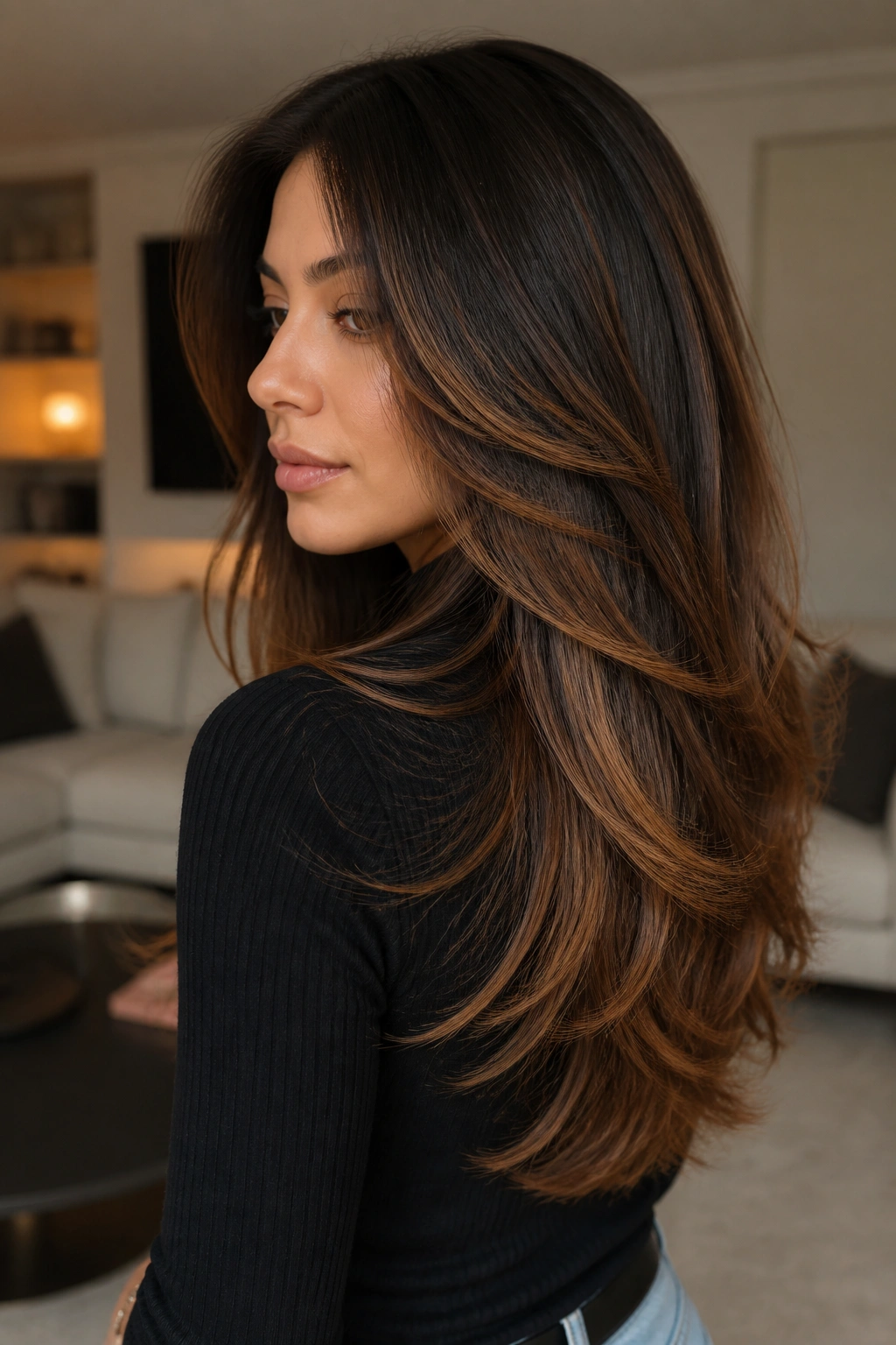 Portrait of a real person with toffee-dipped layered hair on long waves