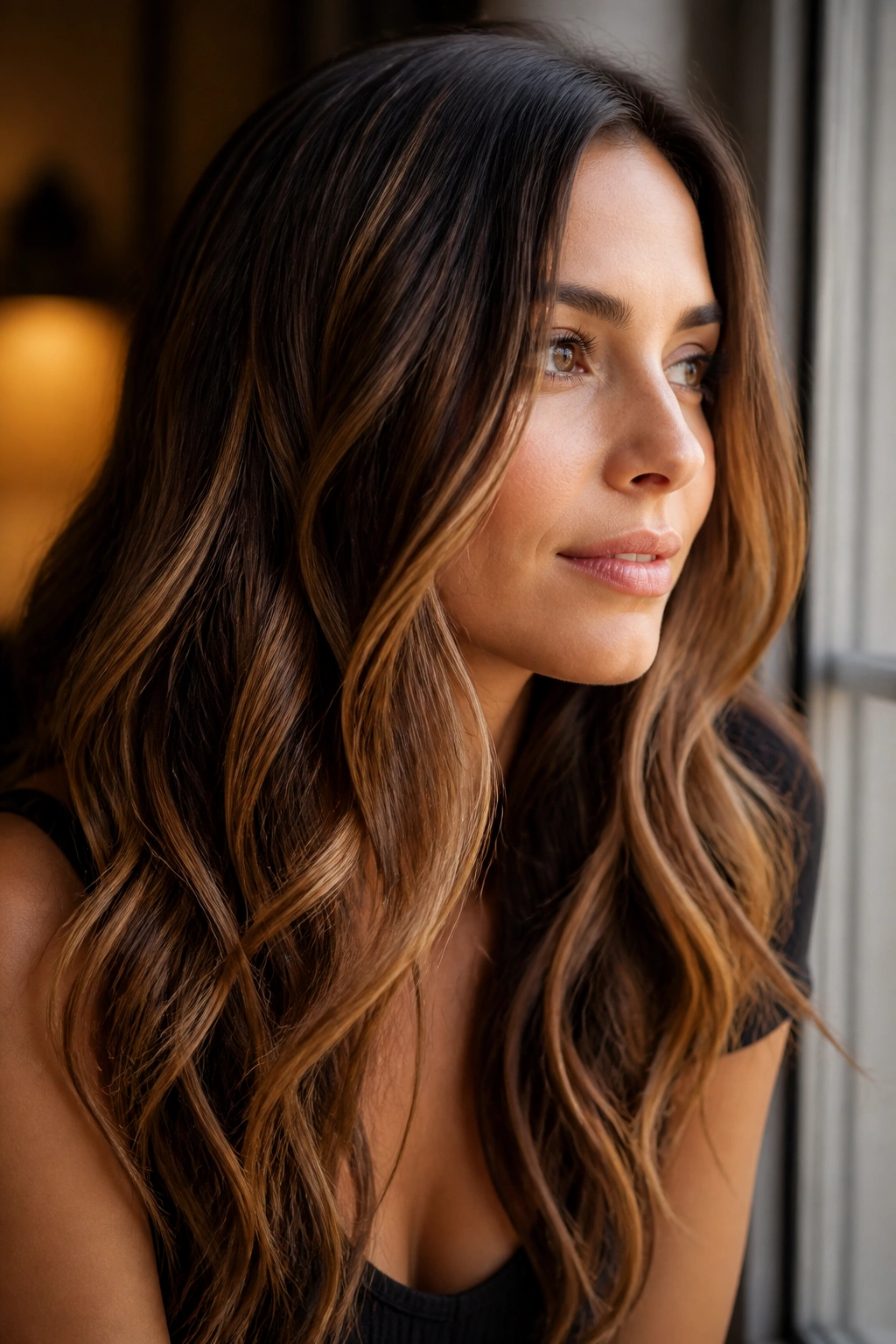 Brunette hair with toffee balayage ribbons across mids and ends, blended smoothly.