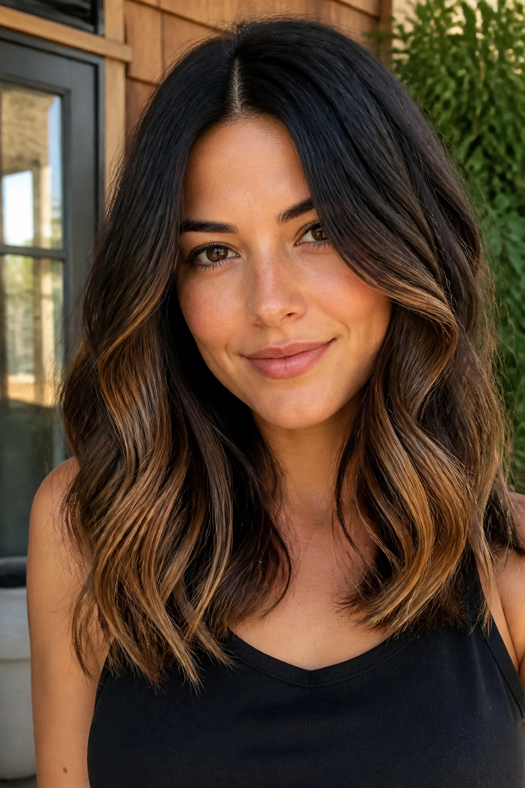 Close-up of a woman with toffee ends on dark brunette hair