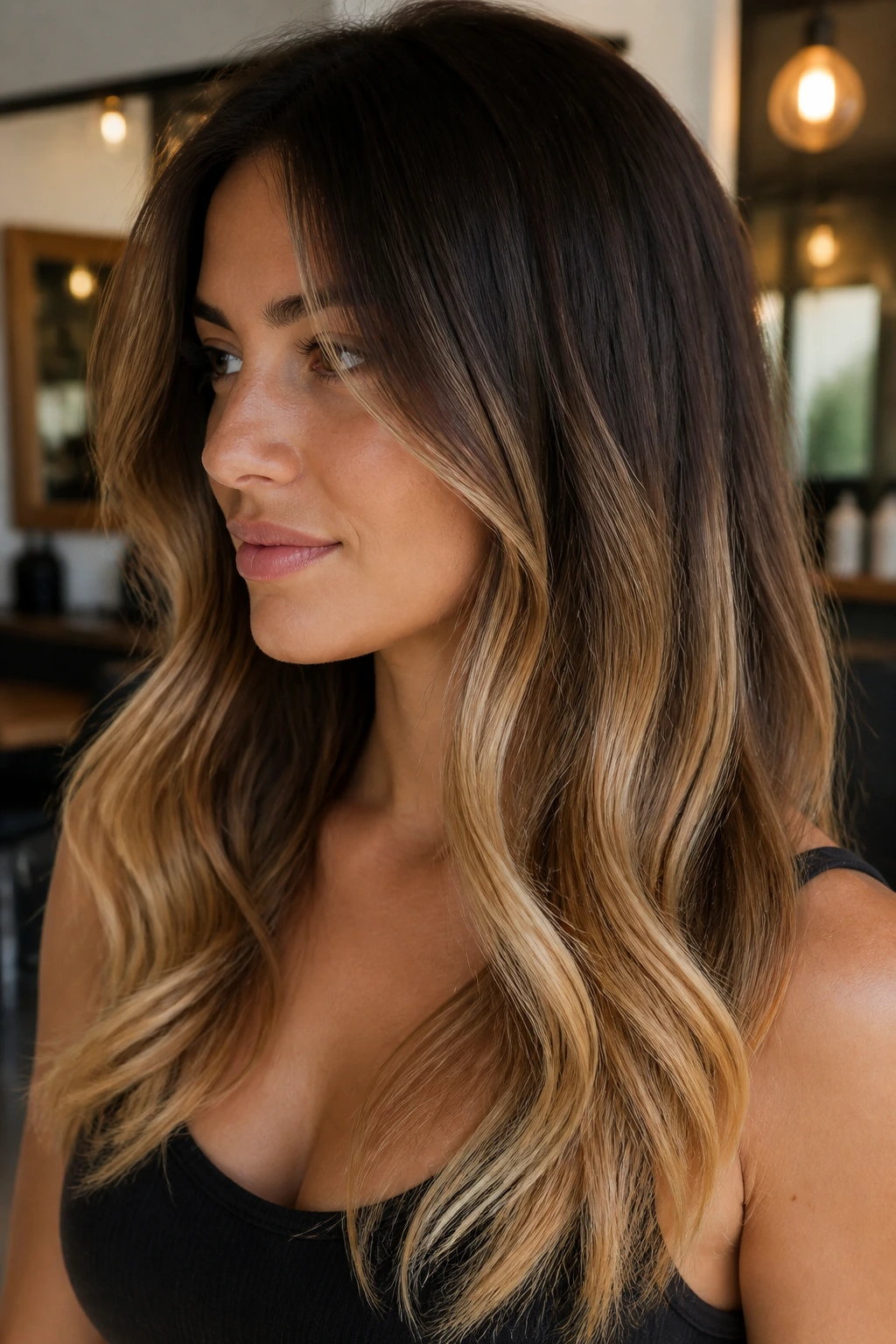Close-up of long hair with a deep brown root and toffee ends