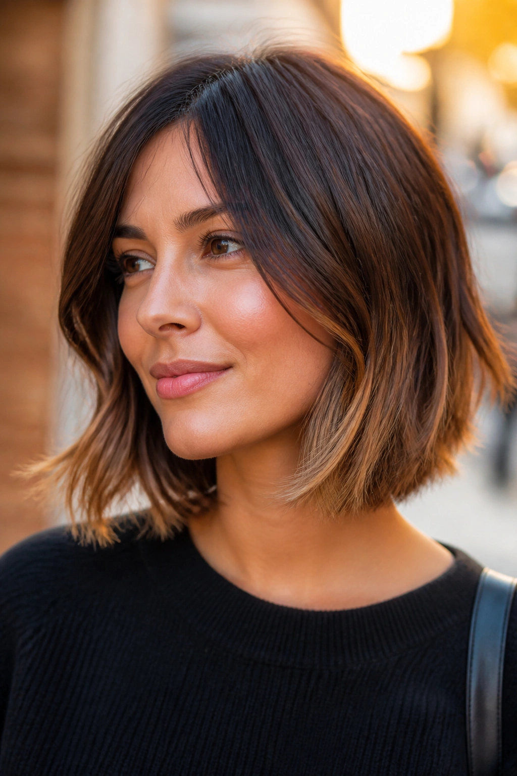 Close-up of a real woman with toffee ends on a jaw-skimming lob