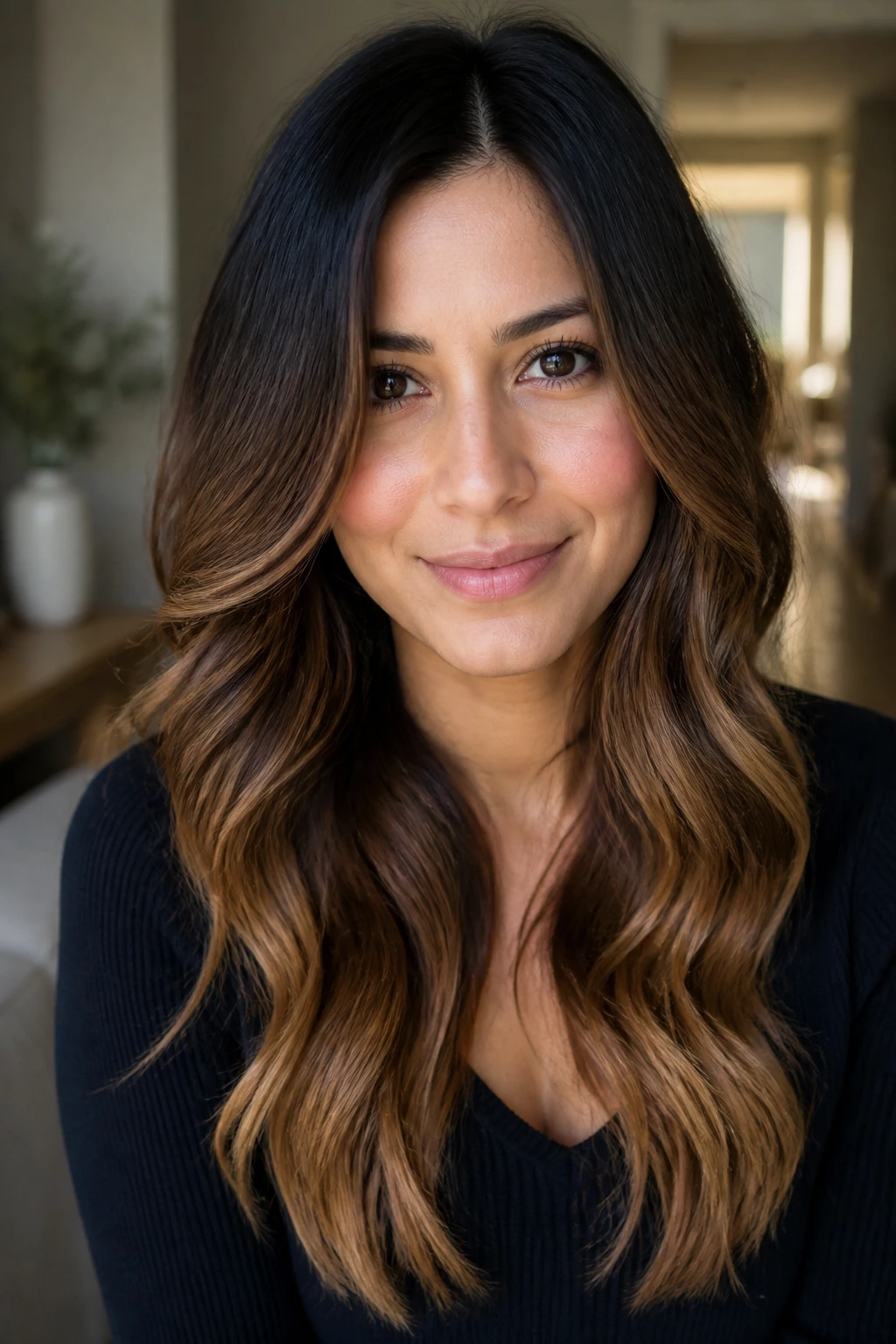 Close-up of toffee ends on soft waves on a real woman's hair