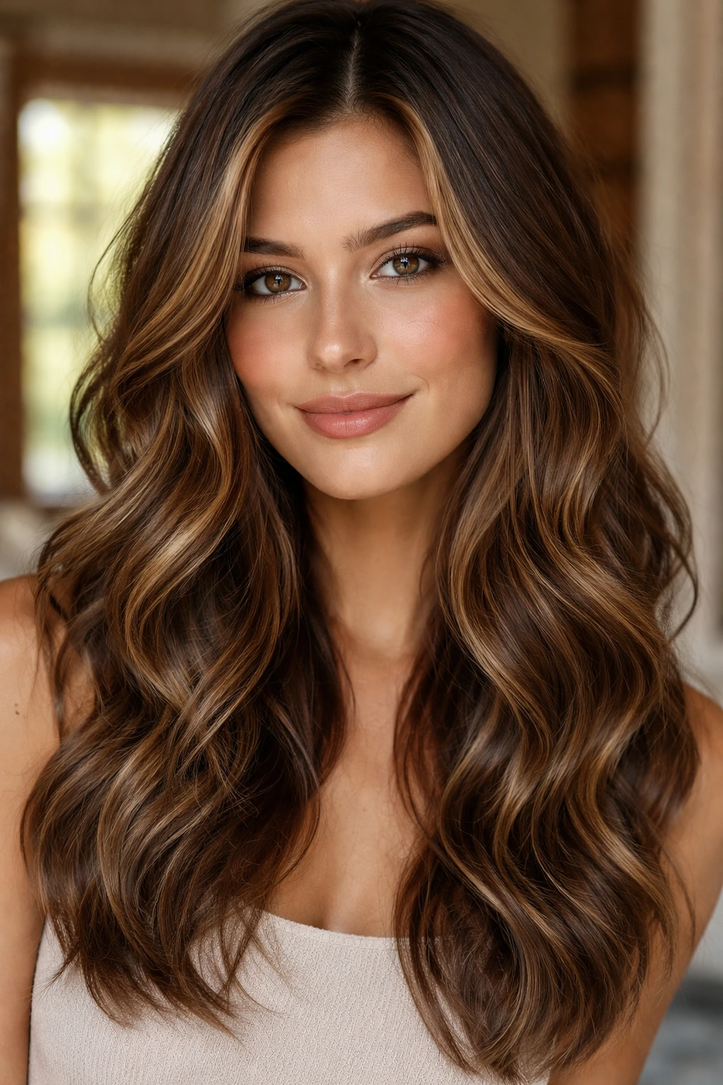 Close-up of a real woman's brunette hair with warm toffee highlights in soft waves.