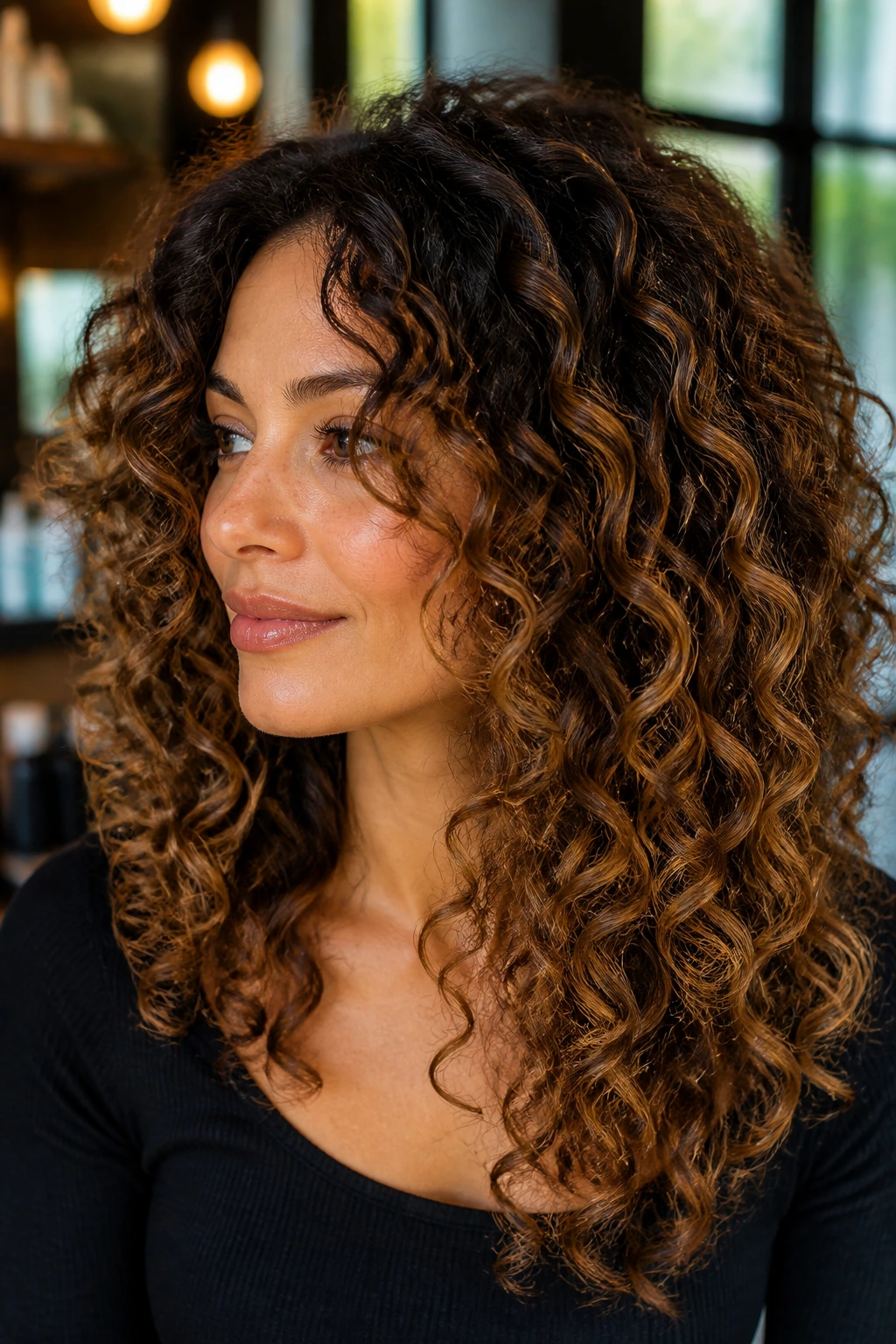Close-up of curly brunette with warm toffee highlights on outer curls
