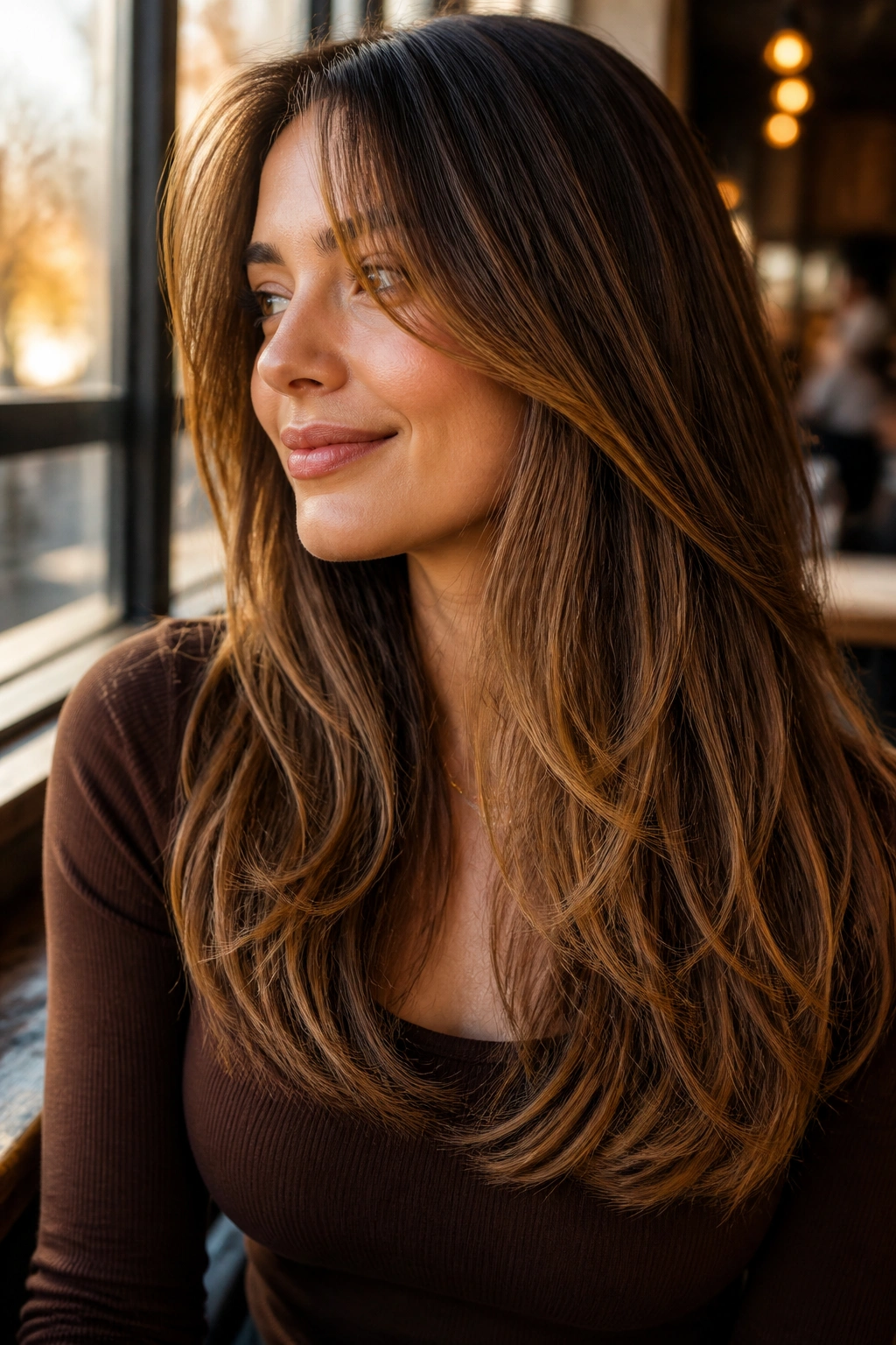 Shoulder-length hair with long layers and toffee highlights