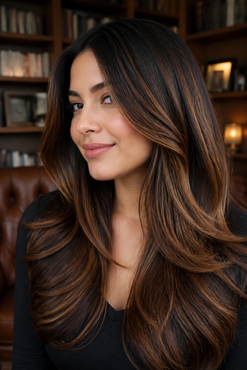 Close-up of long layered hair with toffee highlights framing the face
