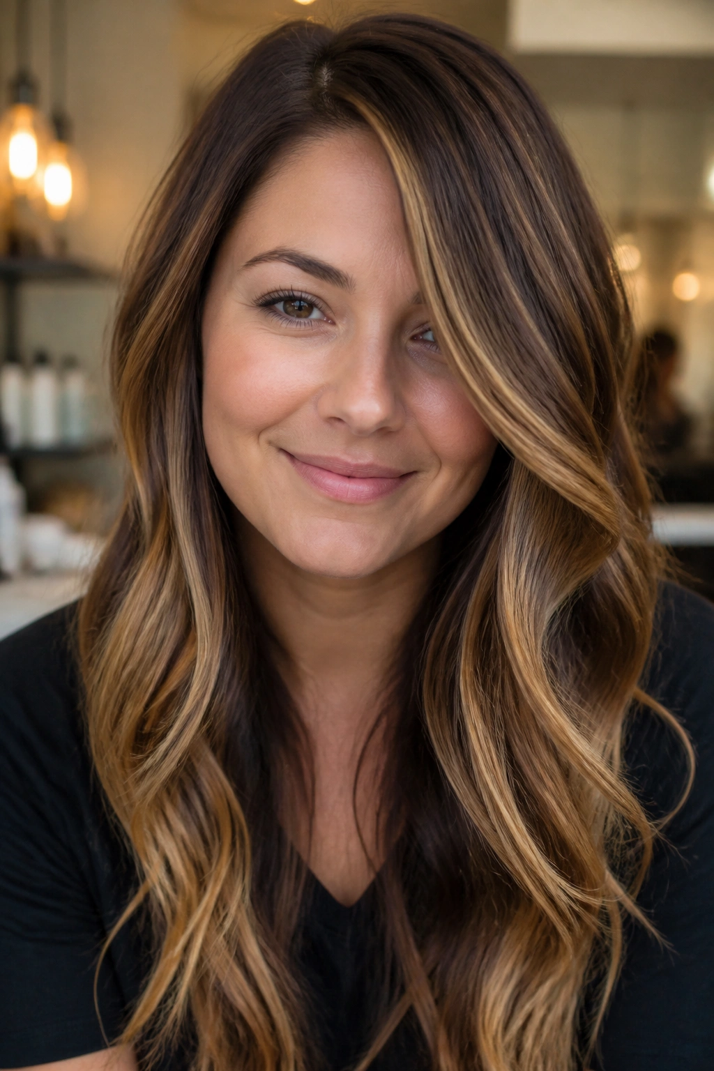 Close-up of a woman with side-parted hair and toffee highlights lengthening the face.