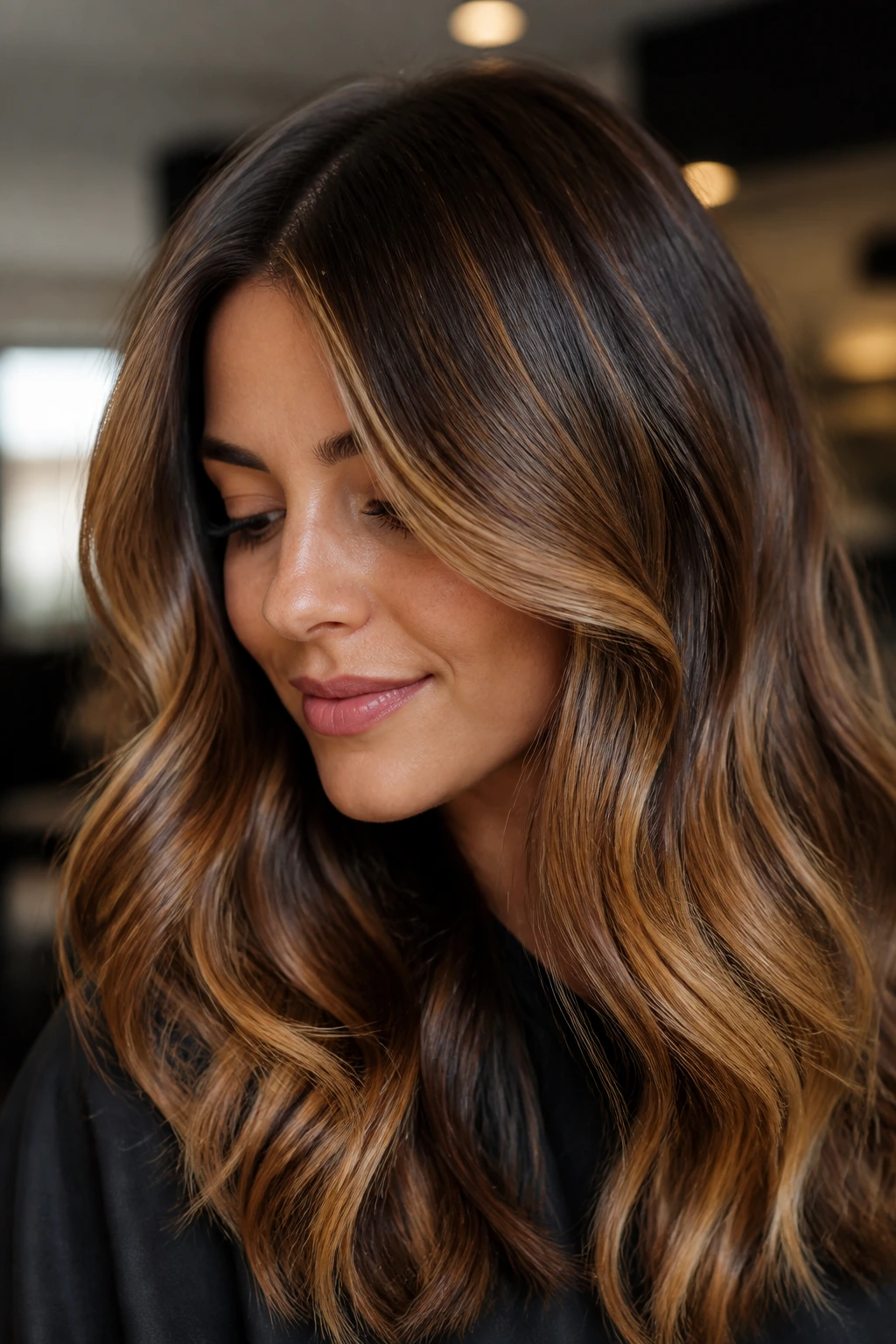 Close-up of a real woman with deep toffee-honey balayage and glossy brown hair