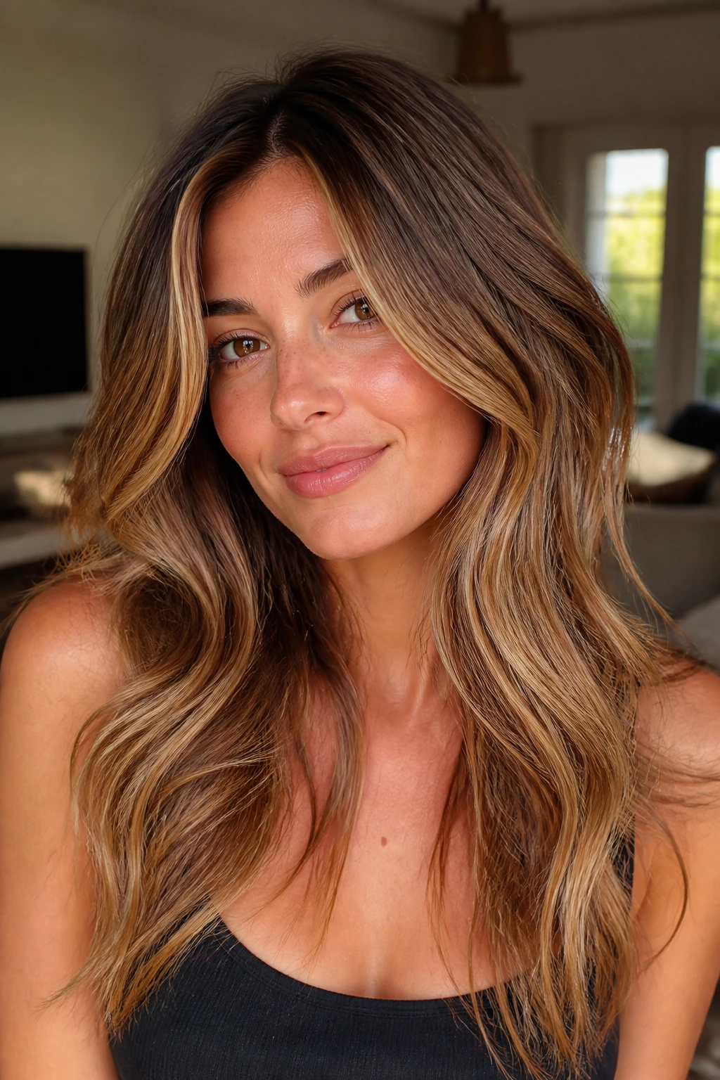 Close-up of toffee honey brown with face-framing layers on a real person.
