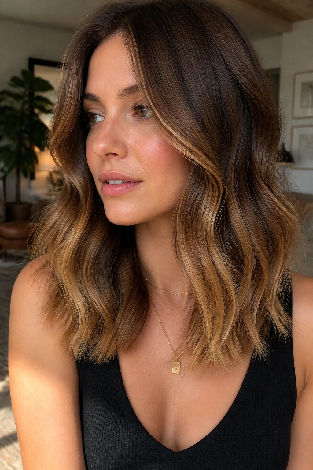 Close-up of a real woman with toffee ends and honey tips on a lob