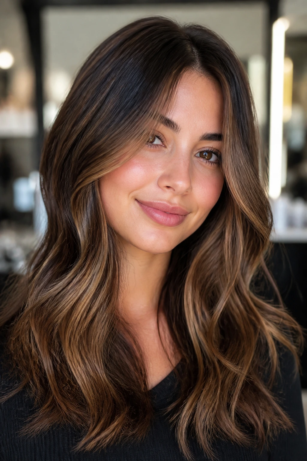 Close-up of brunette with toffee lowlights for creamy warmth