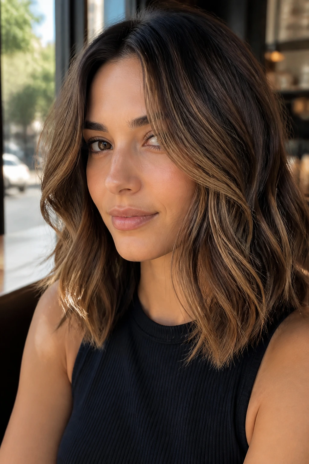 Brunette with toffee lowlights woven through mid-length hair, glowing in natural light