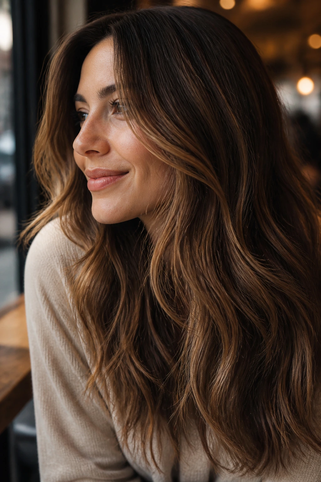 Close-up of brunette hair with warm toffee lowlights in a cozy cafe setting.