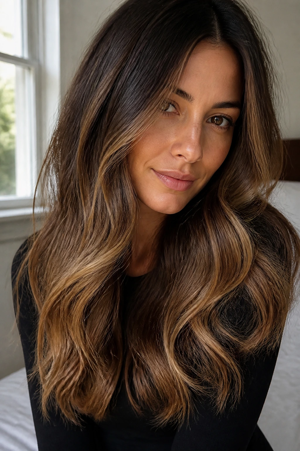 Close-up of a real woman with brunette toffee ombré hair showing root-to-end warmth