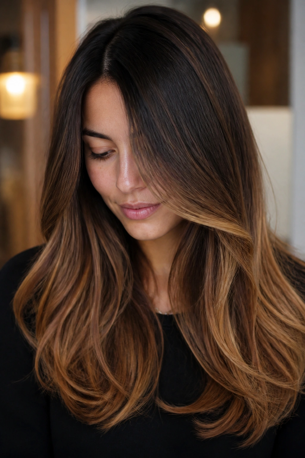 Portrait of a real woman with toffee ombre and internal layers