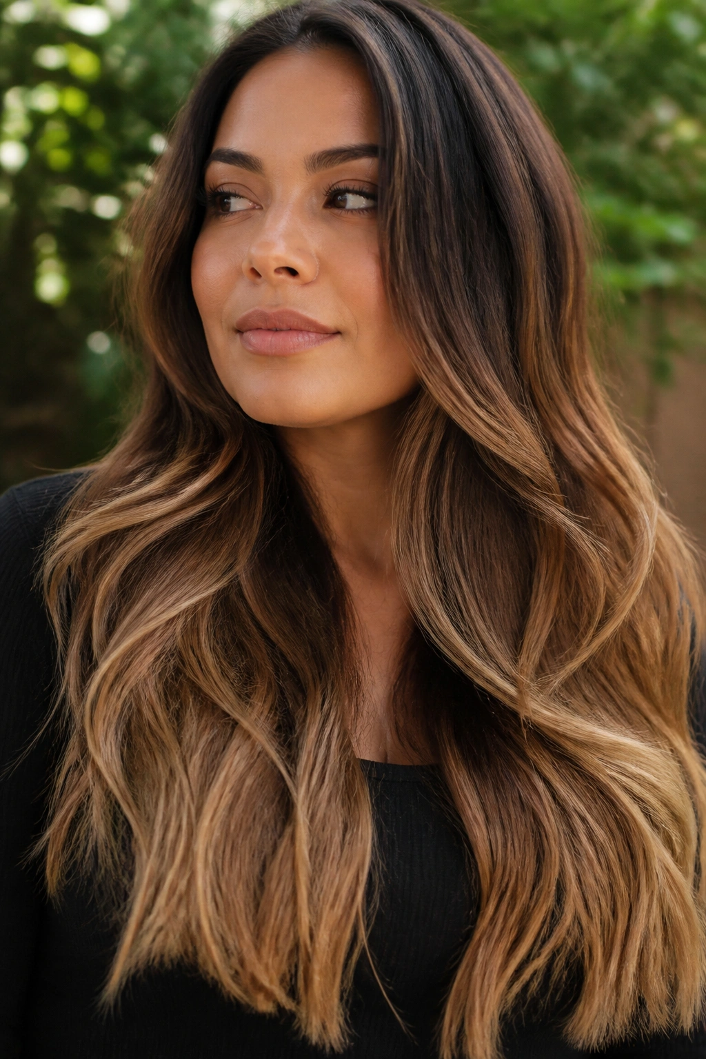 Close-up of a real woman with toffee ombre on thick long hair