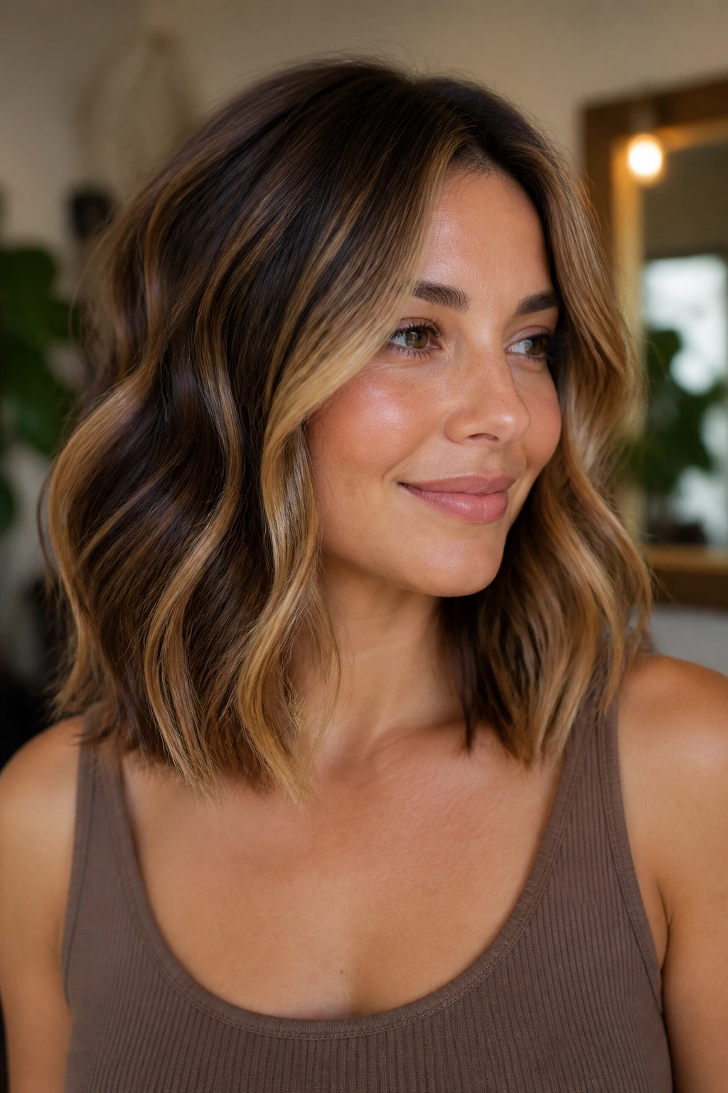 Close-up portrait of a real woman with toffee ribbons on a wavy collarbone-length cut