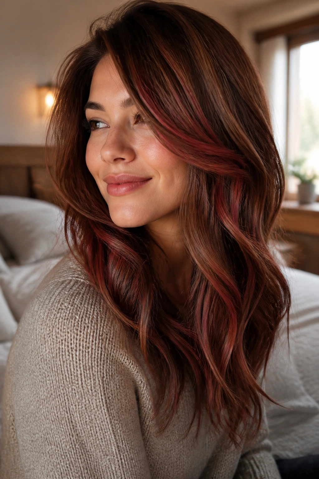 Close-up portrait of a real woman with toffee and ruby ribbons in brown hair, warm natural light