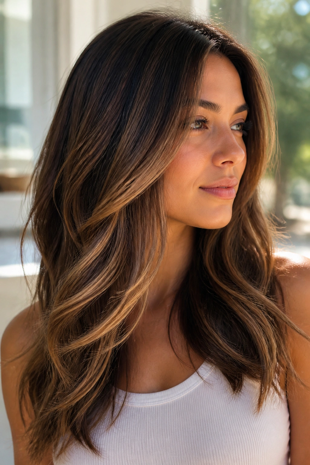 Close-up of a real woman with broad toffee ribbons in long brown hair